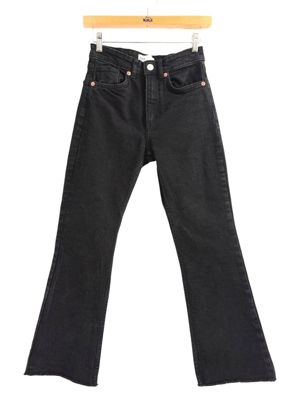 Zara Cropped Flared Jeans Womens Size 4 High-Waist Black Denim Raw Hem Boho - Picture 1 of 7